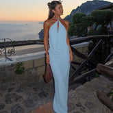 Blue Halter Drape Top And Maxi Skirt Set